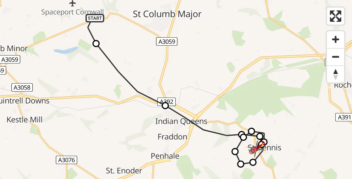 Flight path map showing Air Ambulance Helicopter route from Cornwall Airport Newquay to St Dennis