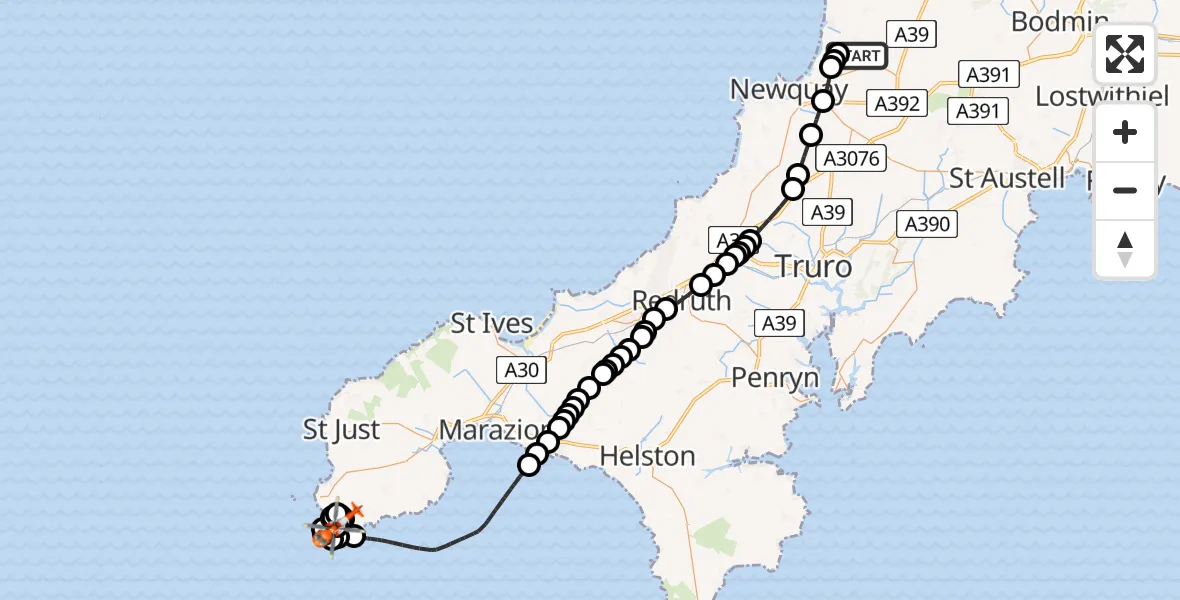 Flight path map showing Coastguard Helicopter route from Cornwall Airport Newquay to St. Levan