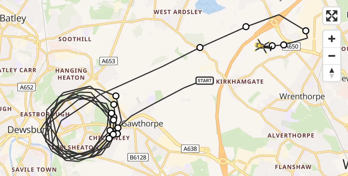 Flight path map showing Police Helicopter route from Gawthorpe to East Ardsley