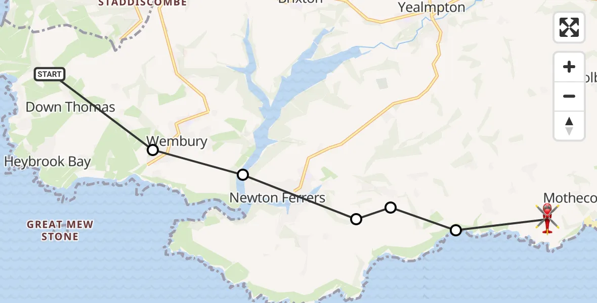 Flight path map showing Air Ambulance Helicopter route from Down Thomas to Holbeton