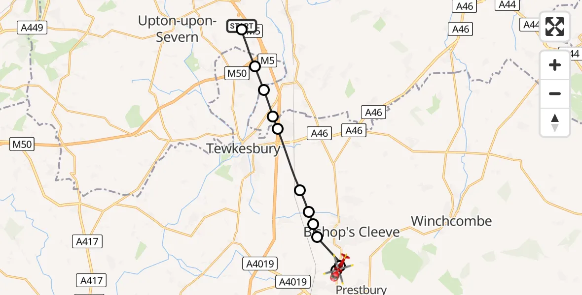 Flight path map showing Air Ambulance Helicopter route from Hill Croome to Prestbury