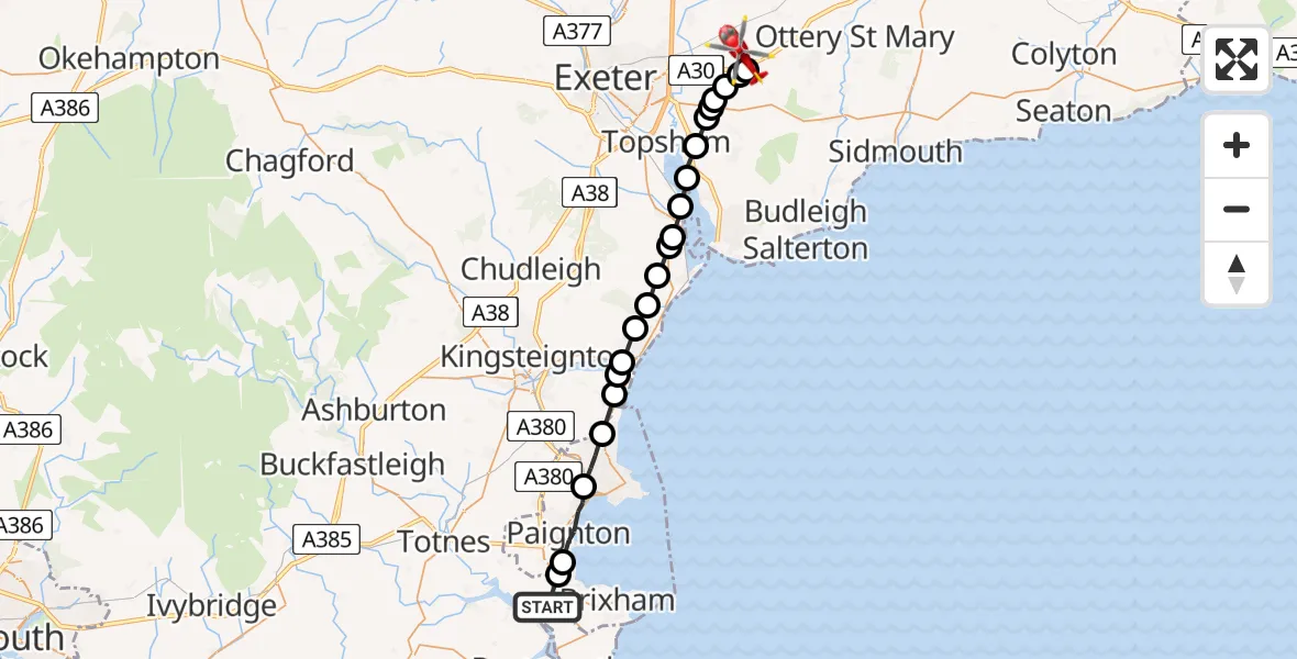 Flight path map showing Air Ambulance Helicopter route from South Hams to Rockbeare