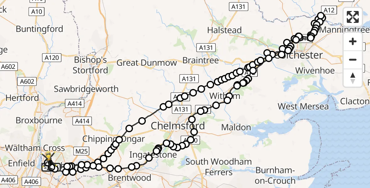 Flight path map showing Police Helicopter route from Sewardstonebury to Sewardstonebury