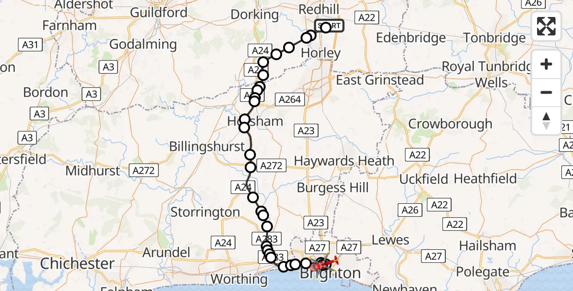 Flight path map showing Air Ambulance Helicopter route from Redhill Aerodrome to Hove