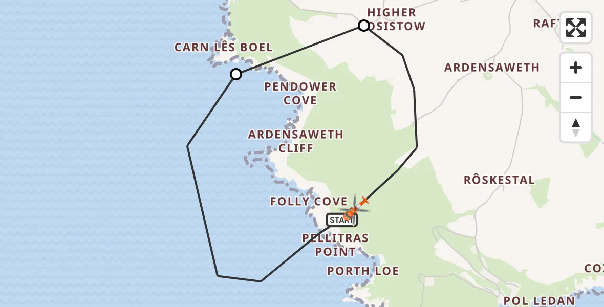 Flight path map showing Coastguard Helicopter route from St. Levan to St. Levan