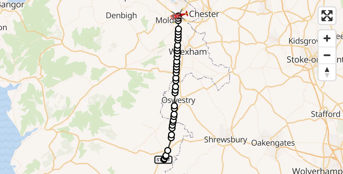 Flight path map showing Air Ambulance Helicopter route from Welshpool Airport to Ewloe
