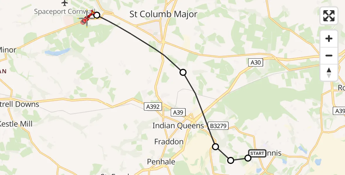Flight path map showing Air Ambulance Helicopter route from St Dennis to Cornwall Airport Newquay