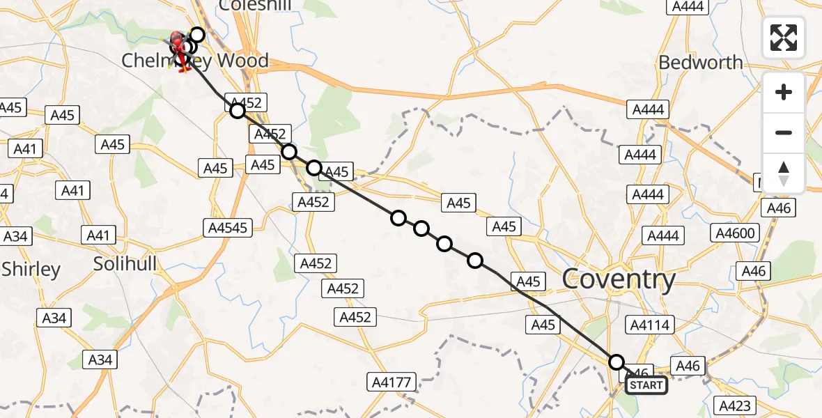Flight path map showing Air Ambulance Helicopter route from Baginton to Kingshurst