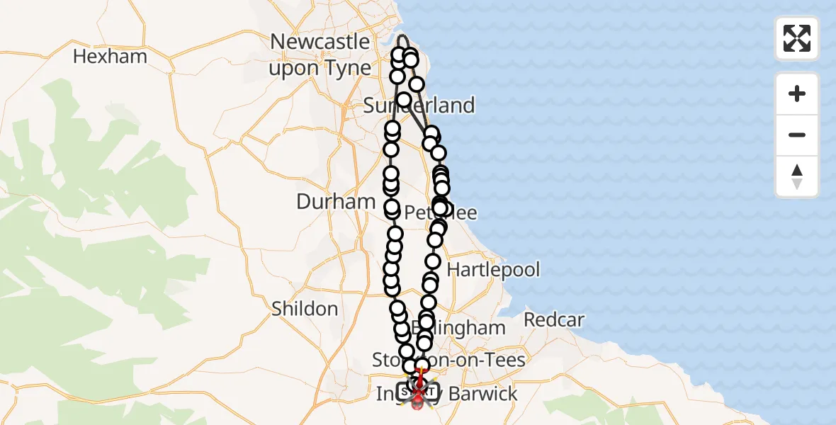 Flight path map showing Air Ambulance Helicopter route from Aislaby to Egglescliffe