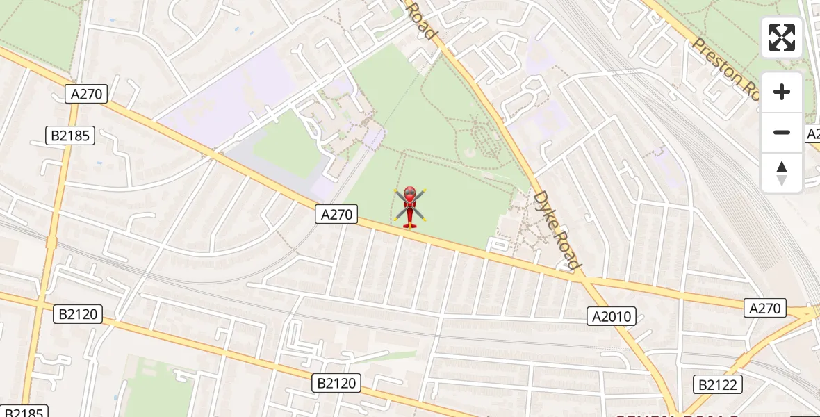 Flight path map showing Air Ambulance Helicopter route from Hove to Hove