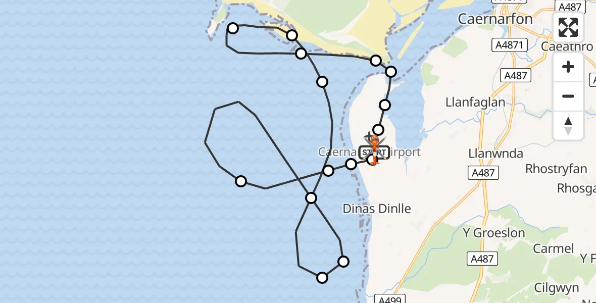 Flight path map showing Coastguard Helicopter route from Caernarfon Airport to Caernarfon Airport