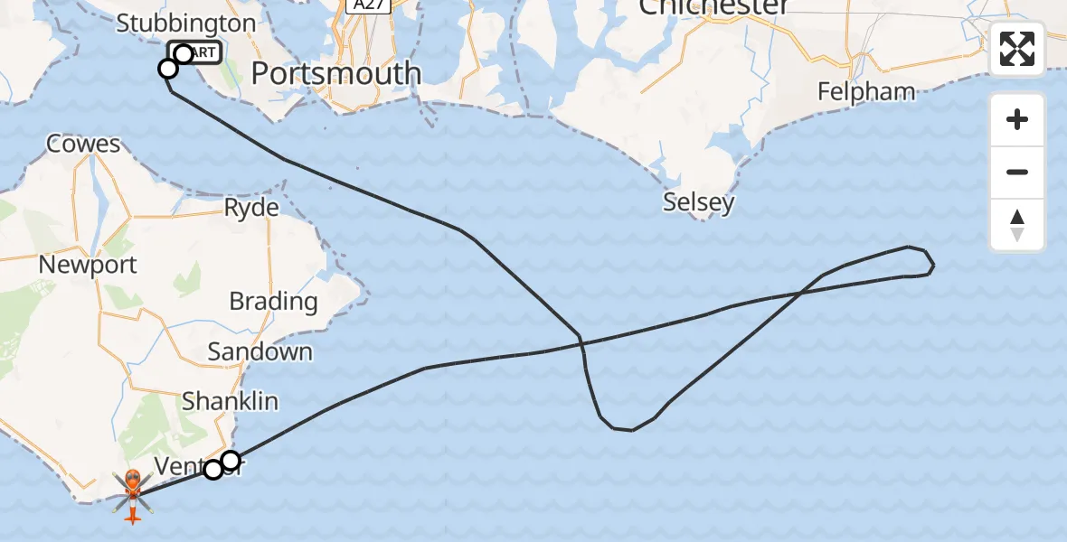 Flight path map showing Coastguard Helicopter route from Solent Airport to St. Lawrence