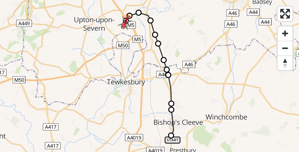 Flight path map showing Air Ambulance Helicopter route from Prestbury to Hill Croome