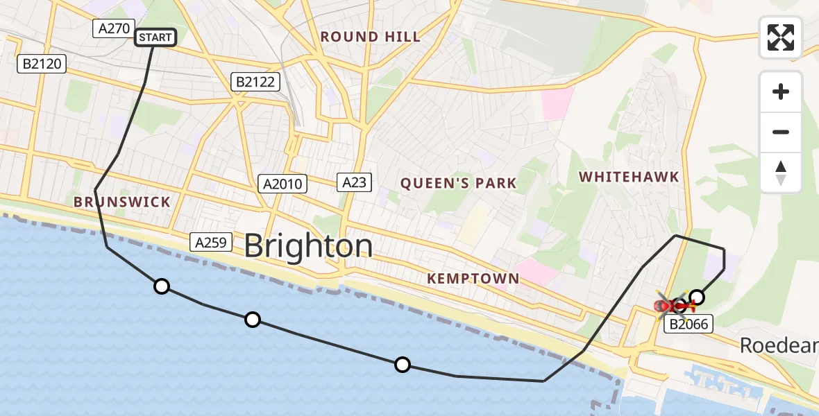Flight path map showing Air Ambulance Helicopter route from Hove to Brighton