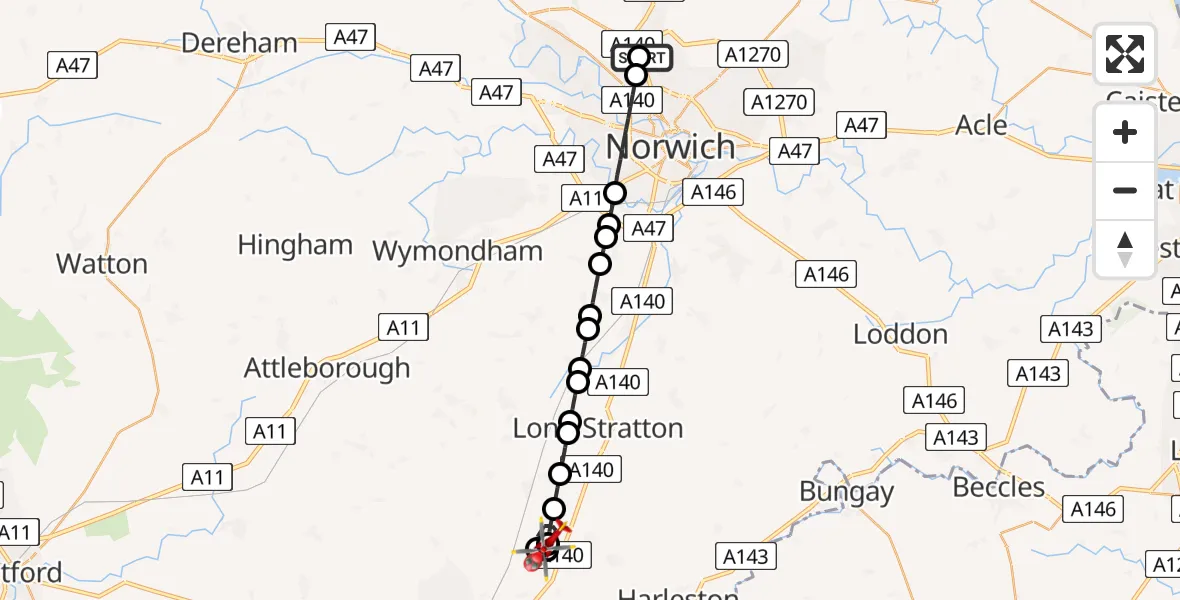 Flight path map showing Air Ambulance Helicopter route from Norwich Airport to Tivetshall St Mary