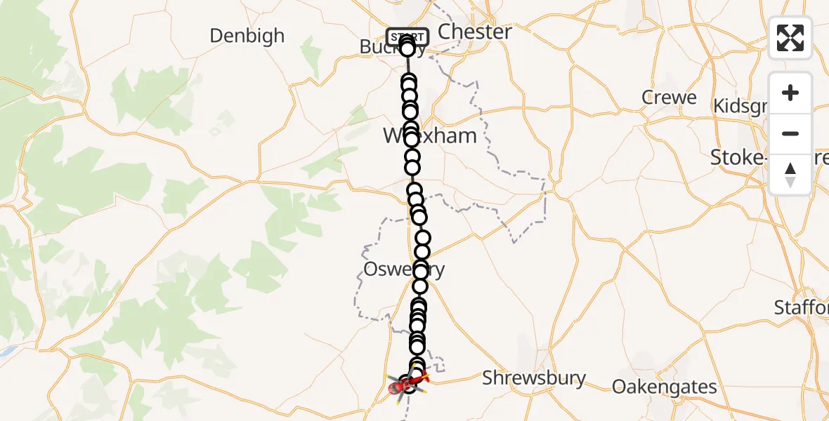 Flight path map showing Air Ambulance Helicopter route from Ewloe to Middletown