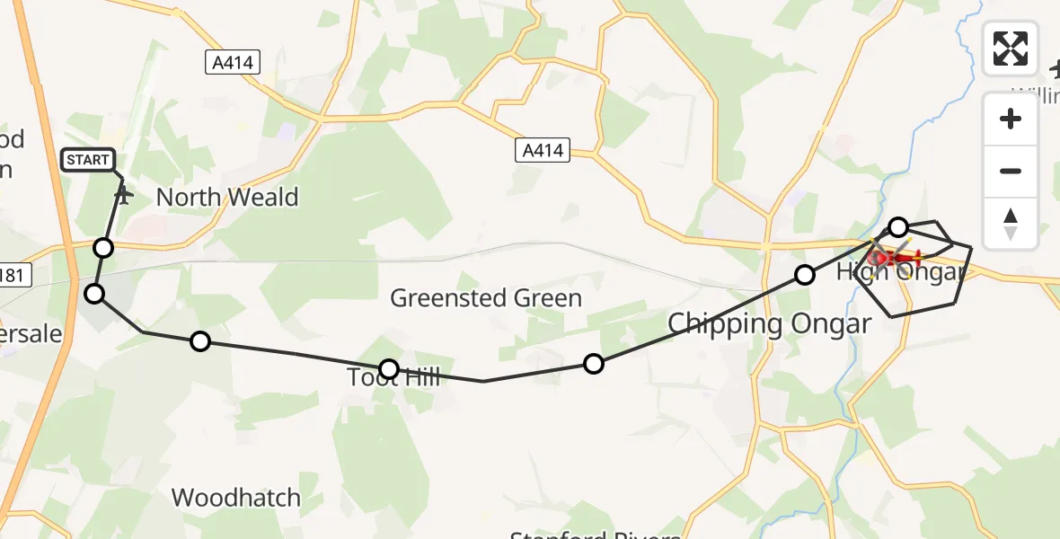 Flight path map showing Air Ambulance Helicopter route from North Weald Airfield to High Ongar