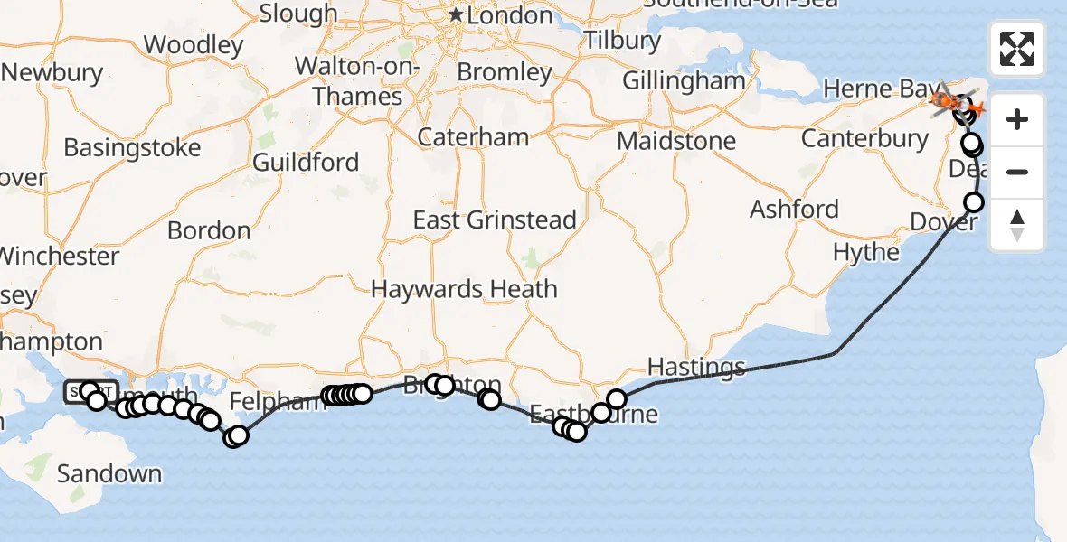 Flight path map showing Coastguard Helicopter route from Solent Airport to Manston Airport
