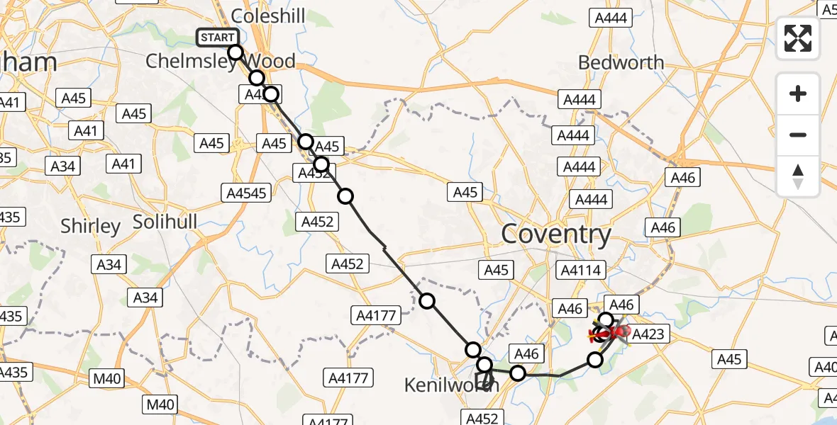 Flight path map showing Air Ambulance Helicopter route from Kingshurst to Baginton