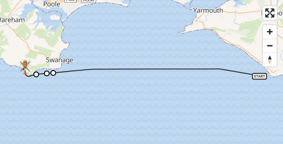 Flight path map showing Coastguard Helicopter route from English Channel to Worth Matravers