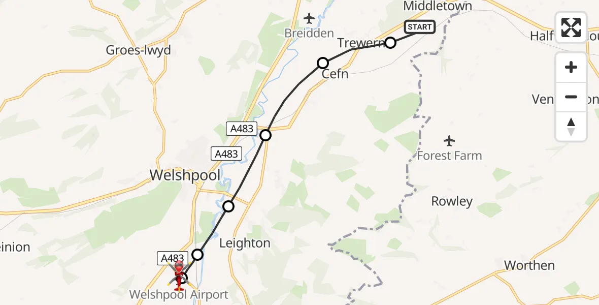 Flight path map showing Air Ambulance Helicopter route from Middletown to Welshpool Airport