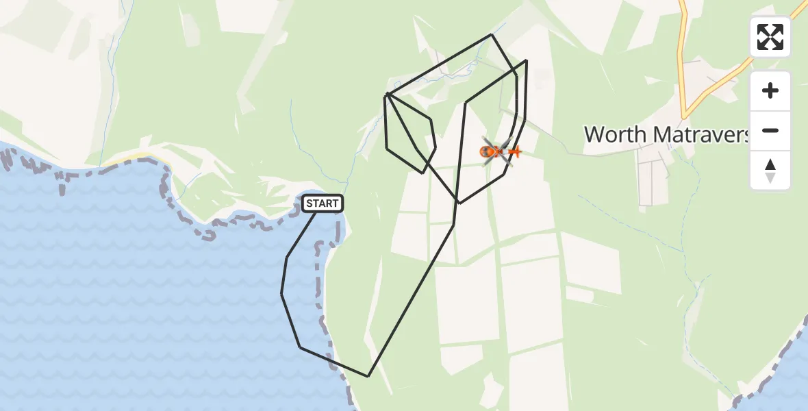 Flight path map showing Coastguard Helicopter route from Worth Matravers to Worth Matravers