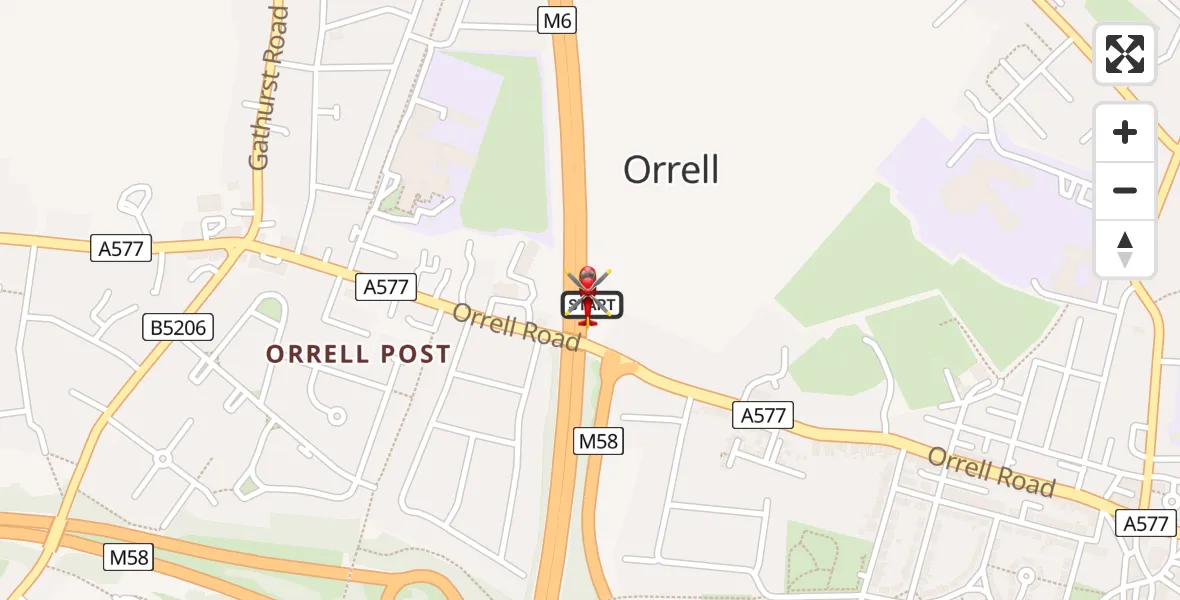 Flight path map showing Air Ambulance Helicopter route from Orrell to Orrell