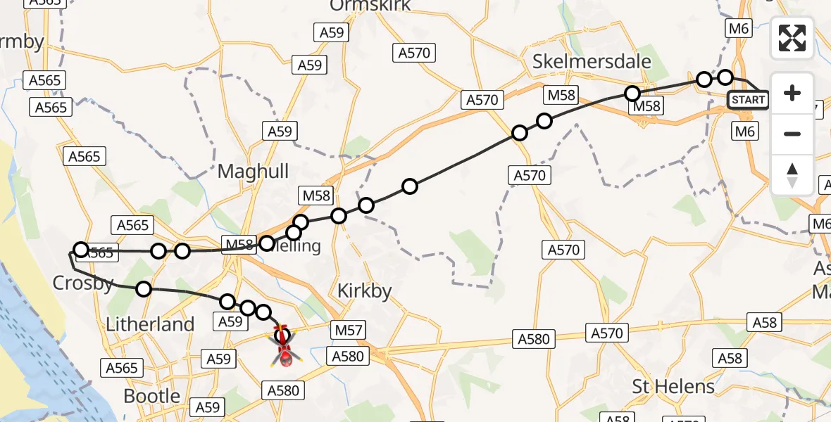 Flight path map showing Air Ambulance Helicopter route from Orrell to Aintree University Hospital Heliport
