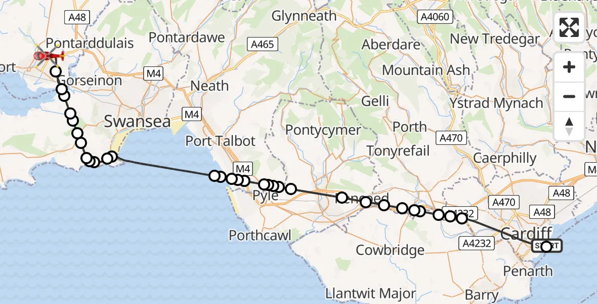 Flight path map showing Air Ambulance Helicopter route from Cardiff Heliport to Dafen
