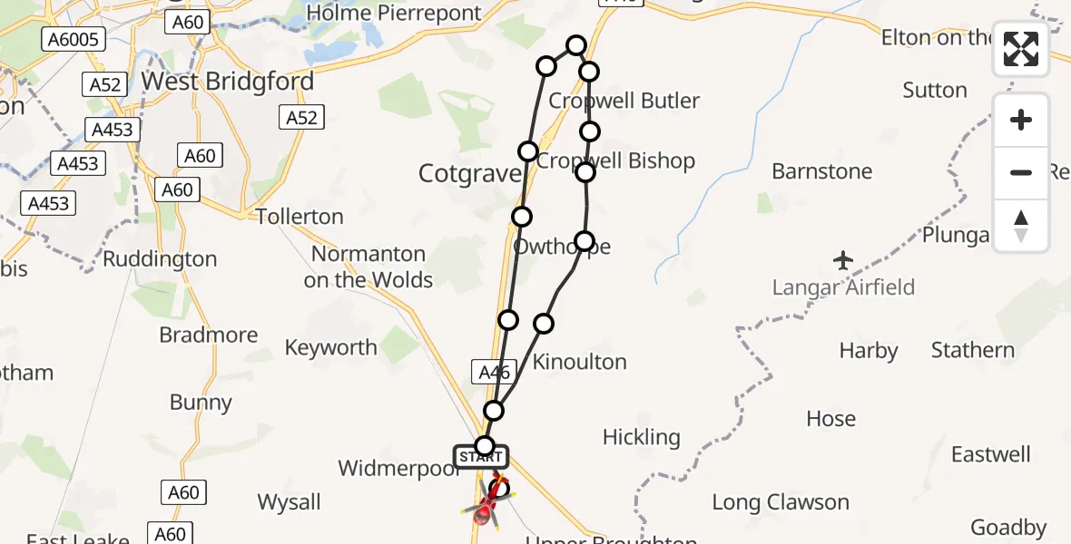 Flight path map showing Air Ambulance Helicopter route from Widmerpool to Nottingham Heliport