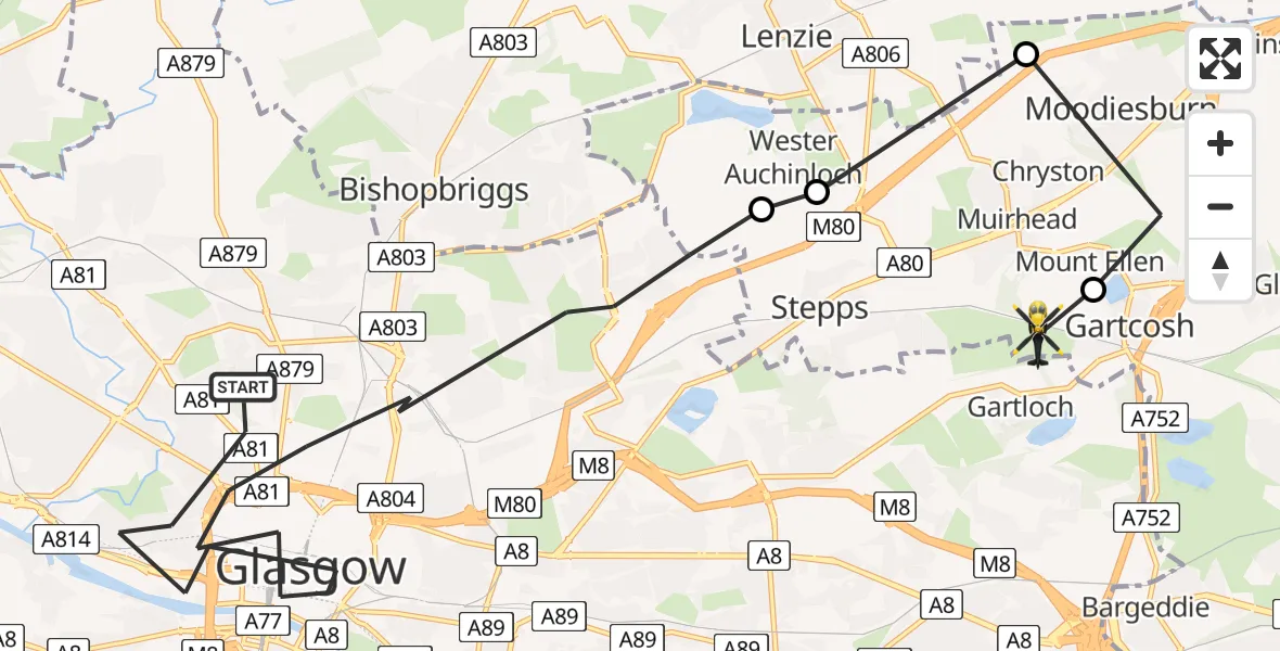 Flight path map showing Police Helicopter route from Glasgow to Muirhead