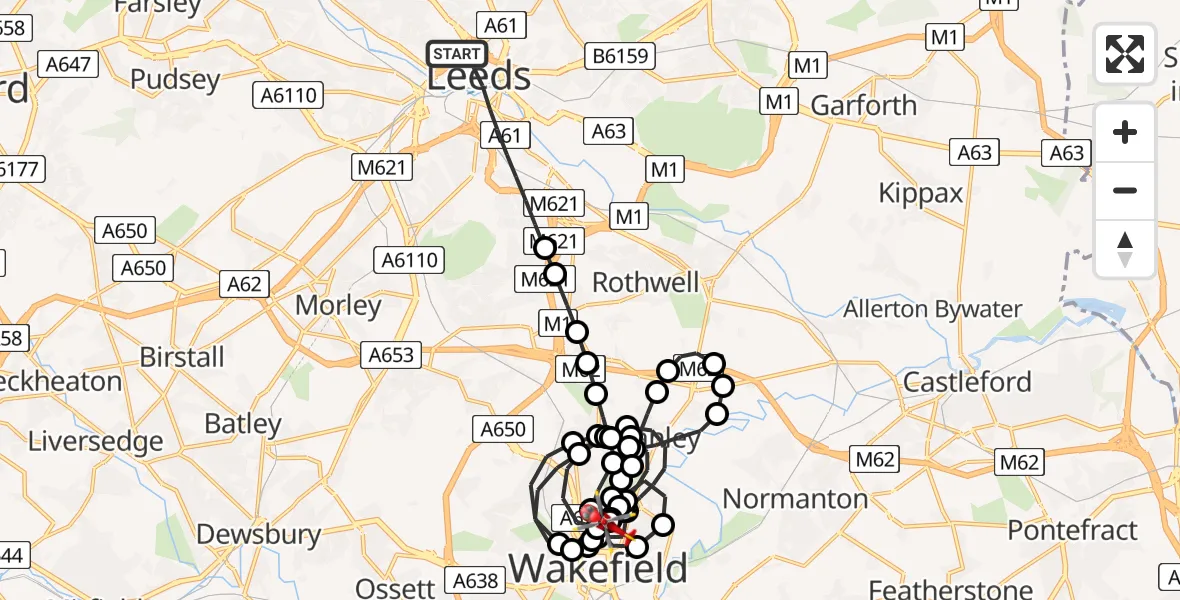 Flight path map showing Air Ambulance Helicopter route from Leeds to Newton Hill