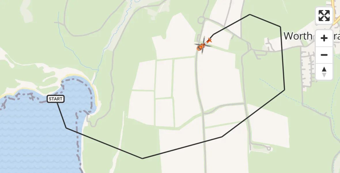 Flight path map showing Coastguard Helicopter route from Worth Matravers to Worth Matravers