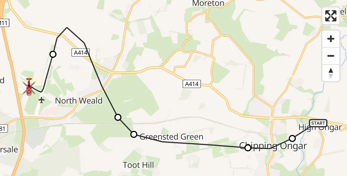 Flight path map showing Air Ambulance Helicopter route from High Ongar to North Weald Airfield
