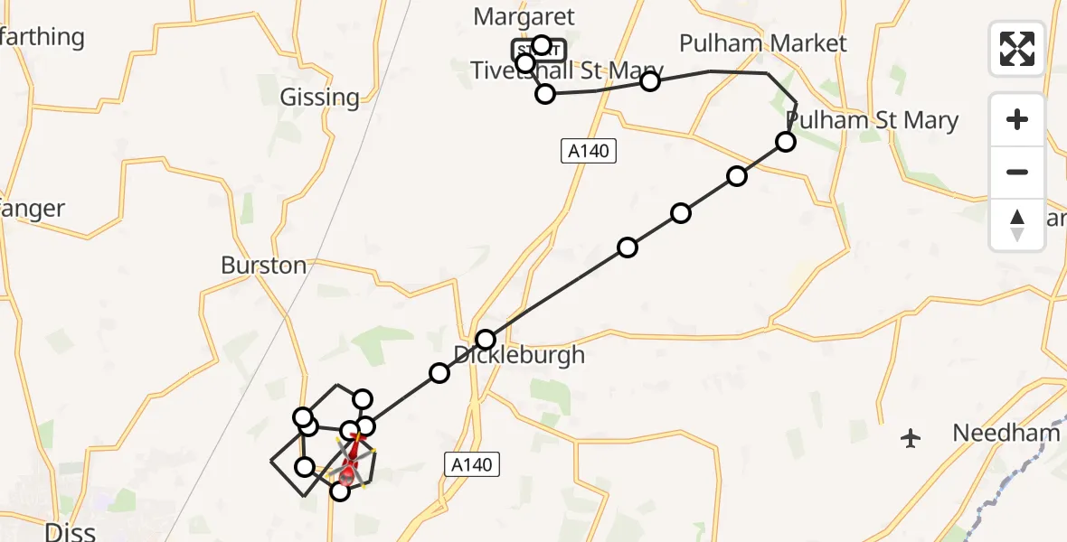 Flight path map showing Air Ambulance Helicopter route from Tivetshall St Mary to Diss