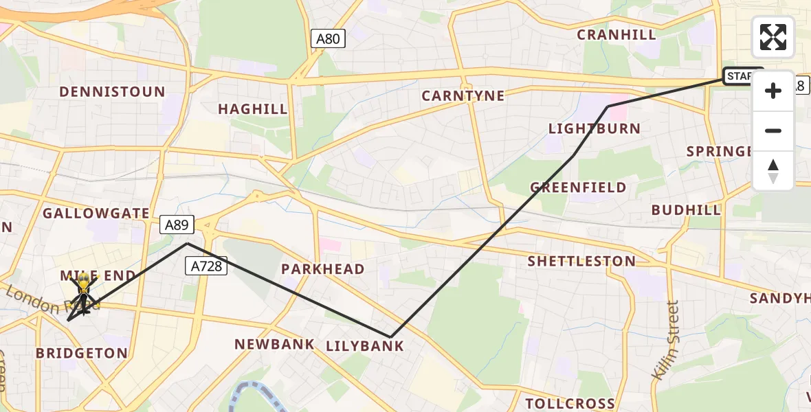 Flight path map showing Police Helicopter route from Glasgow to Glasgow