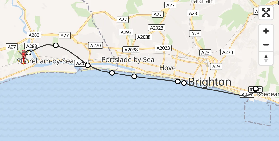 Flight path map showing Air Ambulance Helicopter route from Brighton to Brighton City Airport