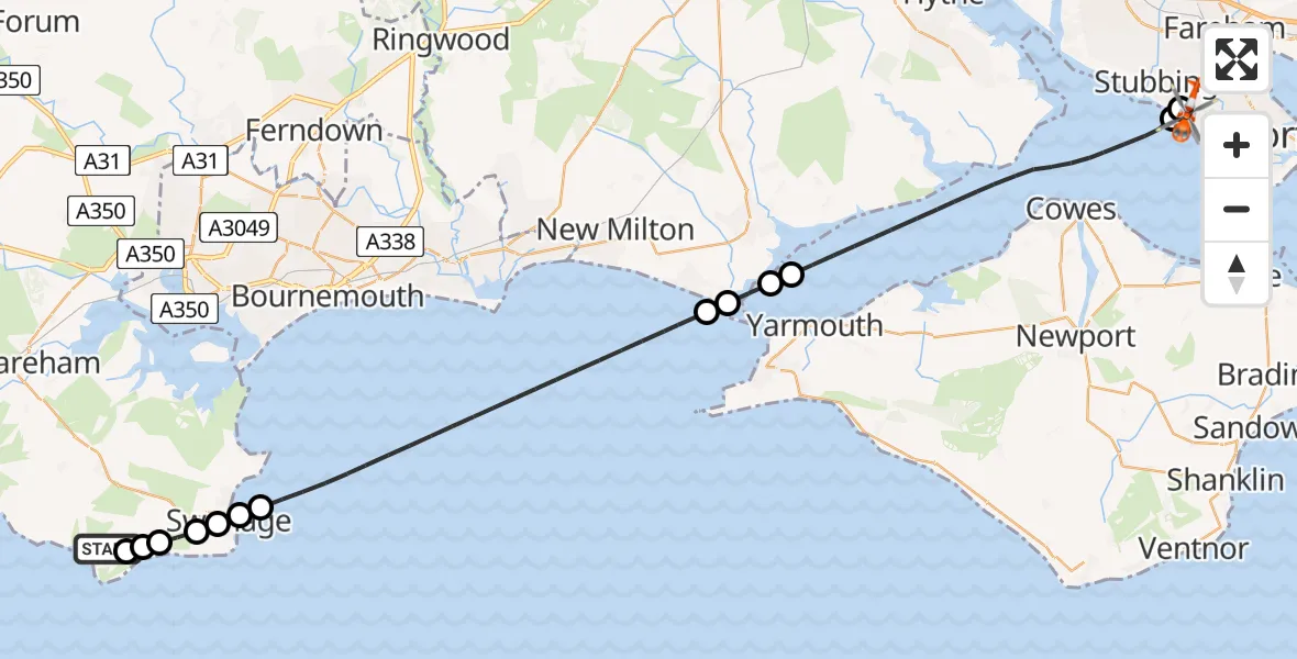 Flight path map showing Coastguard Helicopter route from Worth Matravers to Solent Airport