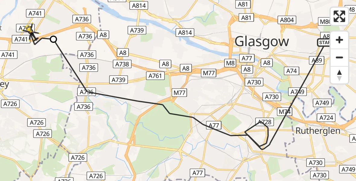 Flight path map showing Police Helicopter route from Glasgow to Renfrew