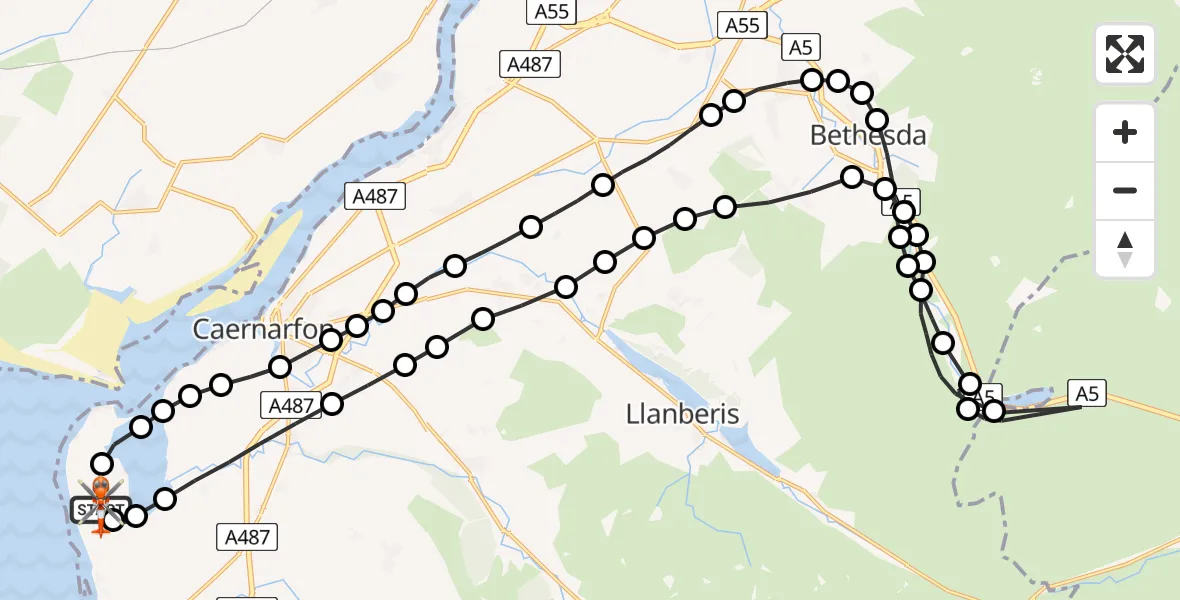 Flight path map showing Coastguard Helicopter route from Caernarfon Airport to Caernarfon Airport