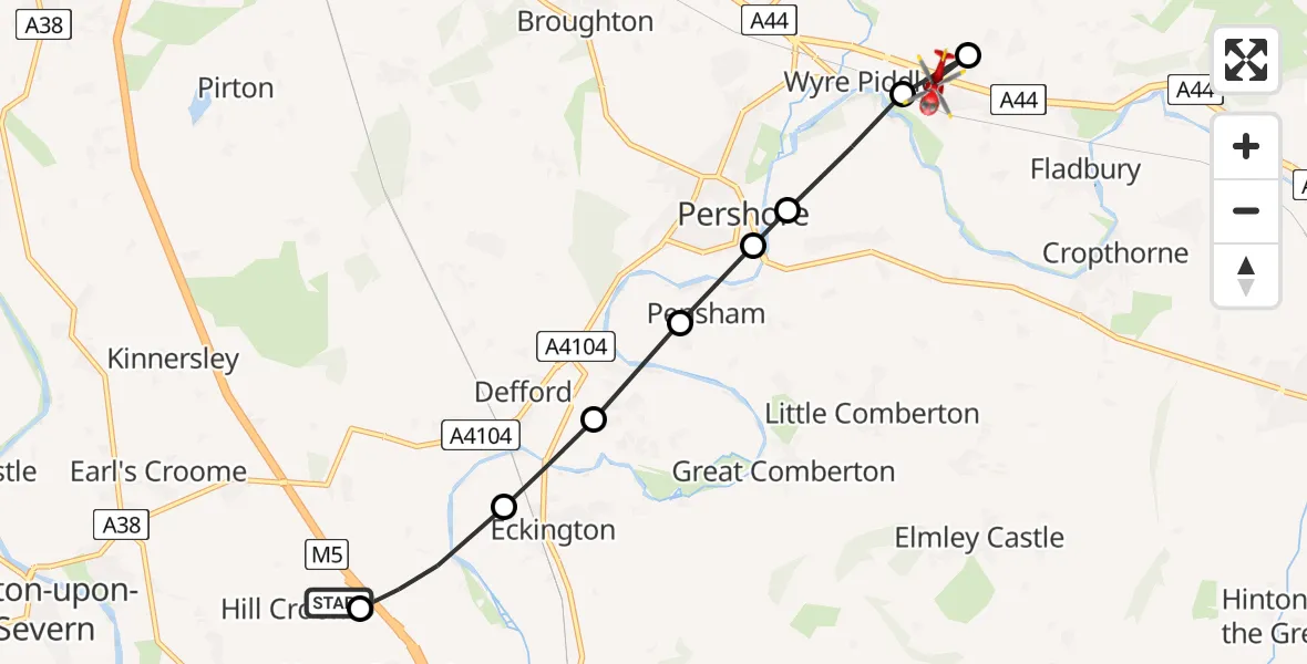 Flight path map showing Air Ambulance Helicopter route from Hill Croome to Lower Moor