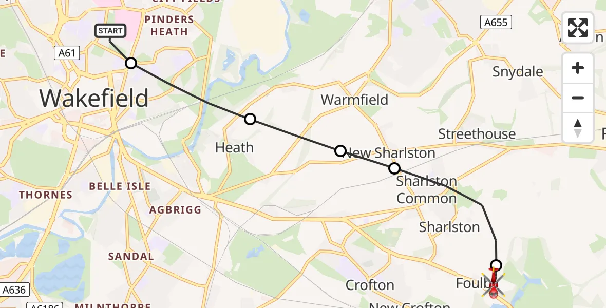 Flight path map showing Air Ambulance Helicopter route from Newton Hill to YAA Nostell Helicopter Port