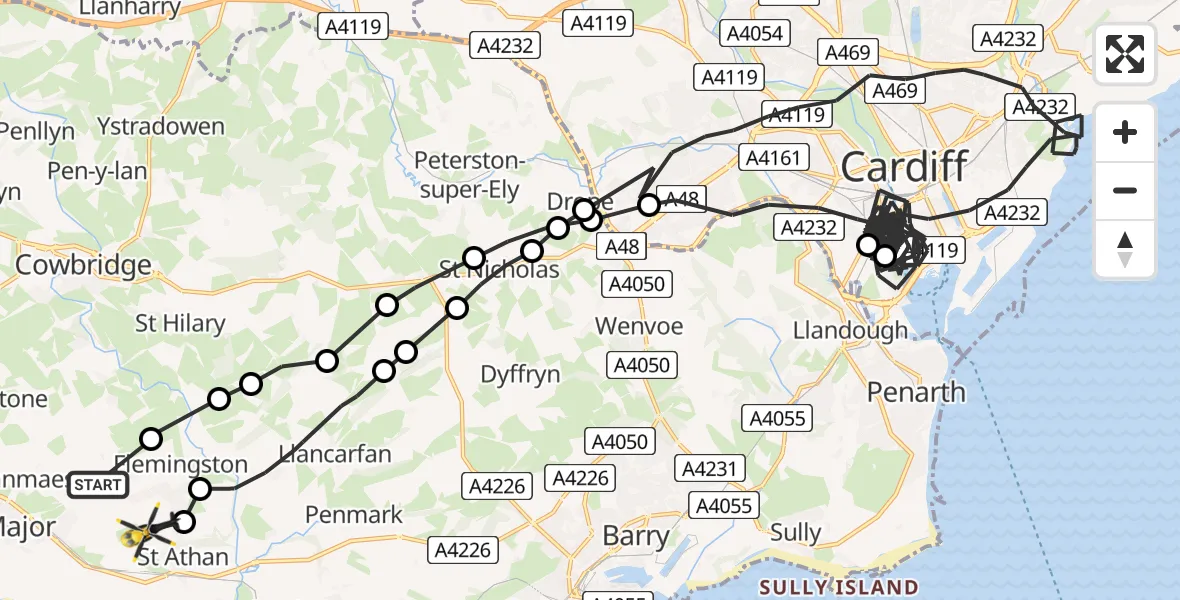 Flight path map showing Police Helicopter route from MOD St Athan to MOD St Athan