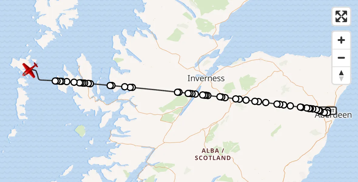 Flight path map showing Air Ambulance Aircraft route from Aberdeen International Airport to Inner Seas