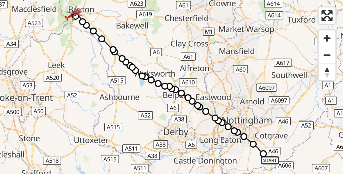 Flight path map showing Air Ambulance Helicopter route from Widmerpool to Burbage