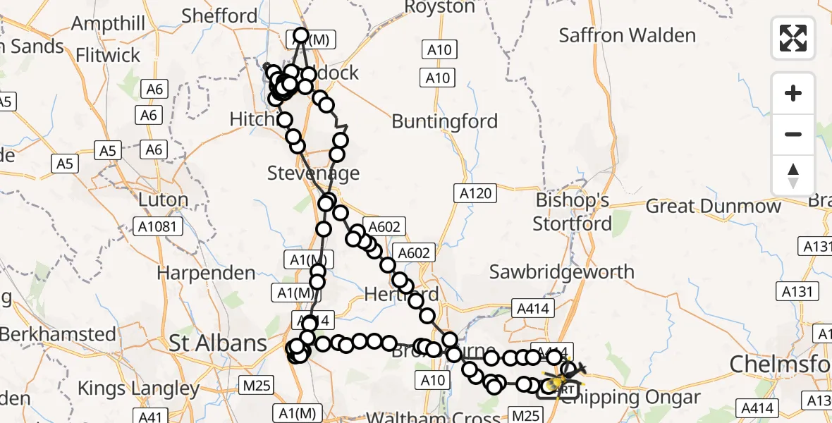 Flight path map showing Police Helicopter route from North Weald Airfield to North Weald Airfield