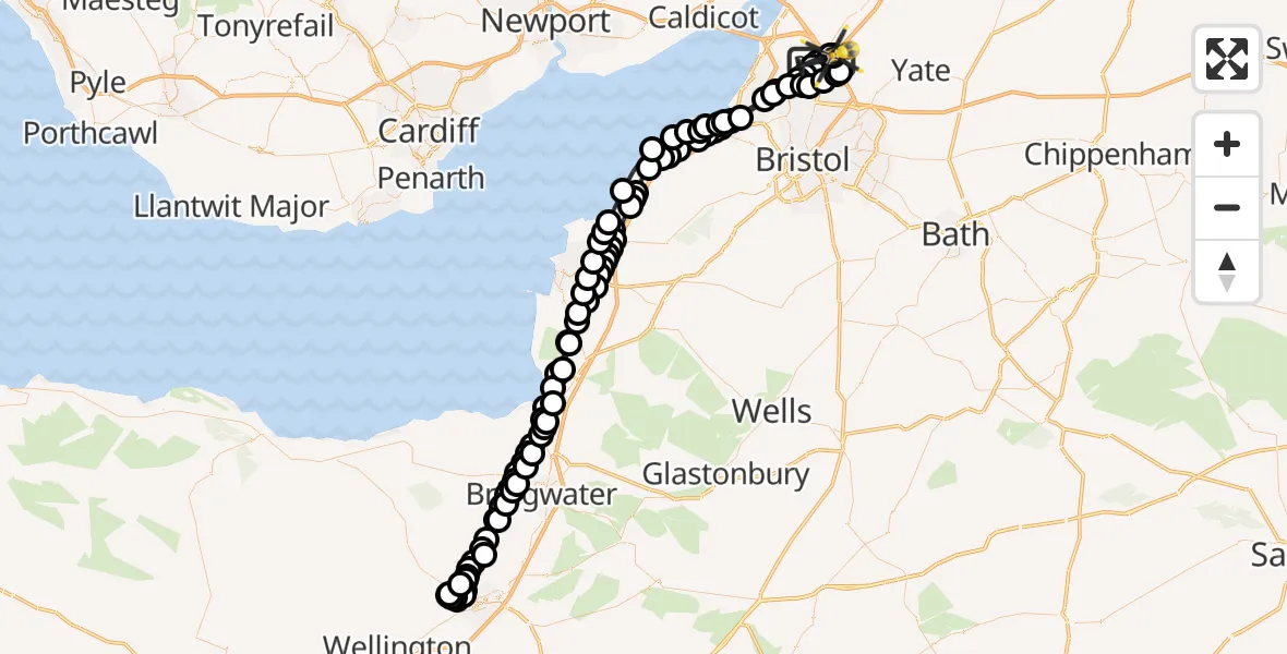 Flight path map showing Police Helicopter route from Almondsbury Helicopter Base to Almondsbury Helicopter Base