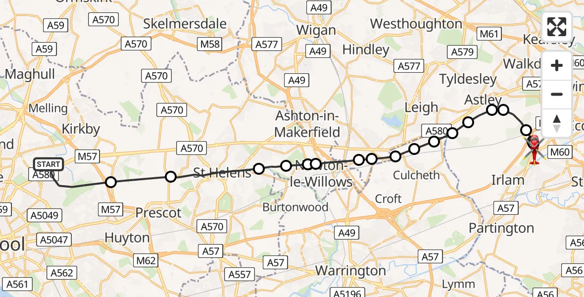 Flight path map showing Air Ambulance Helicopter route from Liverpool to Irlam