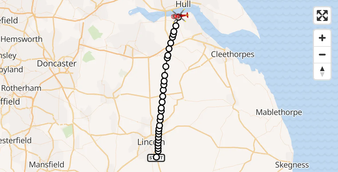 Flight path map showing Air Ambulance Helicopter route from RAF Waddington to New Holland