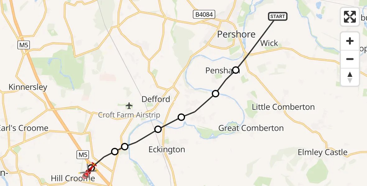 Flight path map showing Air Ambulance Helicopter route from Wick to Hill Croome